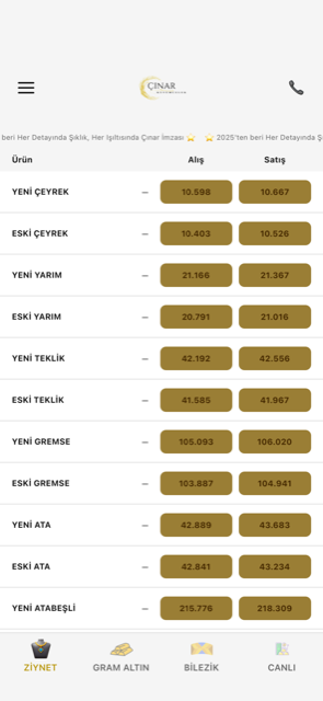 Çınar Kuyumculuk mobil uygulaması: ziynet fiyat listesi