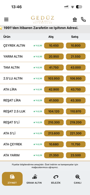 Gedüz Kuyumculuk mobil uygulaması: ziynet ve gram altın fiyat tablosu
