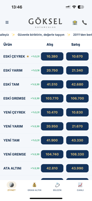 Göksel Kuyumculuk mobil uygulaması: koyu temalı fiyat ekranı