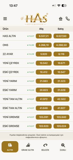 Has Kuyumculuk mobil uygulaması: anlık altın fiyat listesi