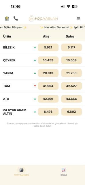 Kocaaslan Kuyumculuk mobil uygulaması: alış satış fiyat tablosu