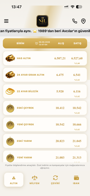 Nil Kuyumculuk mobil uygulaması: altın fiyatları ve milyem araçları