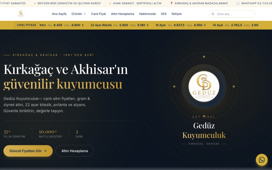 Gedüz Kuyumculuk web sitesi ana sayfası