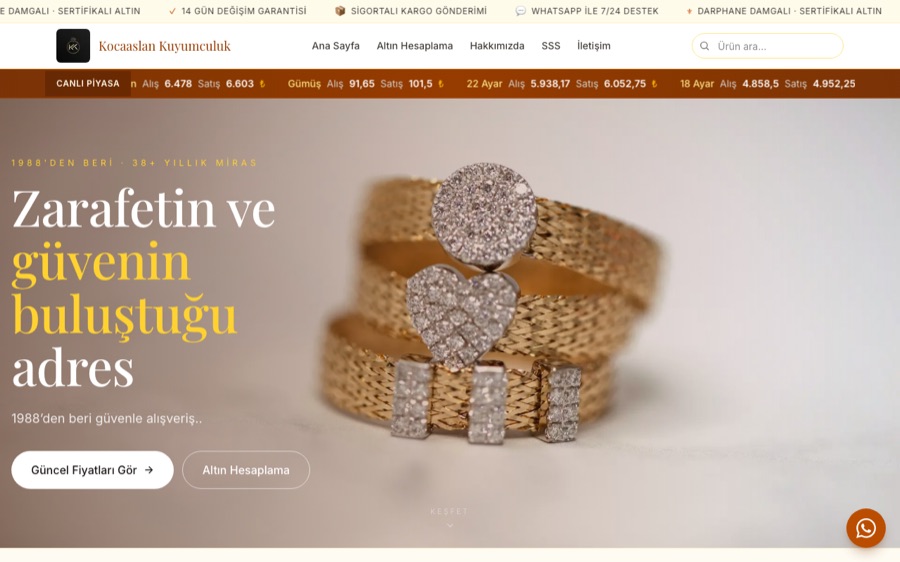 Kocaaslan Kuyumculuk web sitesi ana sayfası